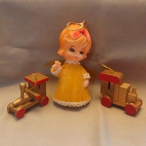Vintage Christmas ornaments: angel and train locomotives